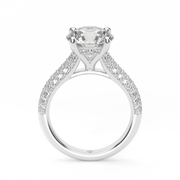 White Gold Round Shape Diamond Triple Row Hidden Halo Pave Engagement Ring With Prong Setting.